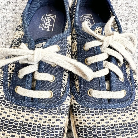 Keds Champion crochet blue beige cotton jute lace up flat sneakers 8 - Picture 6 of 12